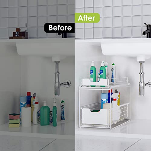 Dolalike Pull Out Under Sink Cabinets Organizer, Stackable 2 Tire Sliding Countertop Organizer, Under Sink Storage Drawer Shelf For Kitchen (White) #TOP1