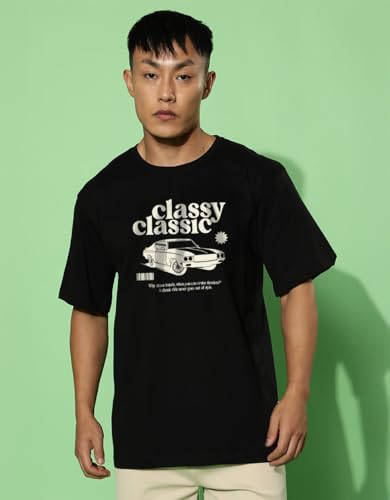 Image of Cotton Blend Oversized Loose Fit Drop Shoulder Graphic Printed Men's Half Sleeve T-Shirt (Sizes: S to 2XL)