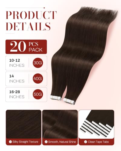 Image of Moresoo Dark Brown Tape In Human Hair Extensions, 10 Inch, 20Pcs, 30g | Tape in extensions human hair, Remy straight texture, flat tabs, short length for sleek bobs and center-part styling