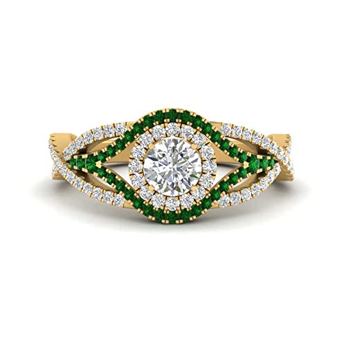 Image of Choose Your Gemstone Round Twisted Pave Double Halo Diamond CZ Ring Yellow Gold Plated Round Shape Double Halo Engagement Ring for Women, and Ladies US Size 4 to 12