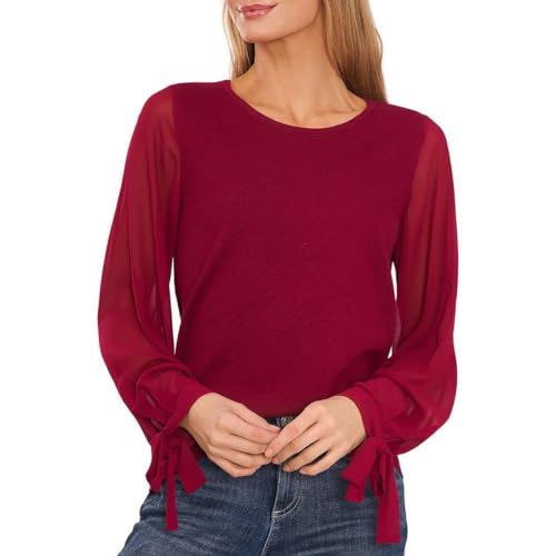 CeCe Womens Tie Sleeves Round Neck Pullover Top Red XS