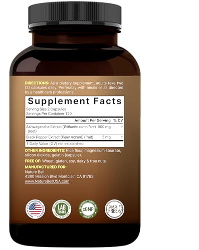 NatureBell Ashwagandha with Black Pepper Extract, 240 Capsules | Ashwagandha Complex with Root Extract – Herbal Supplements for Women & Men – Non-GMO, Gluten Free