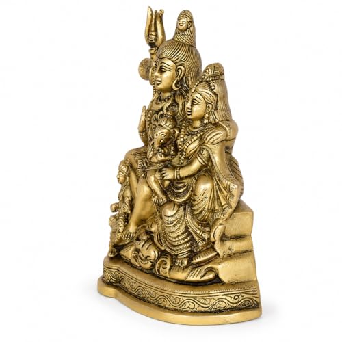 Image of Kartique Brass Shiv Parivar Idol | Antique Finish Shiv Parvati Murti for Home, Pooja Room, and Decoration | Statue Height 7.75 Inch