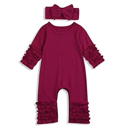 Image of GRNSHTS Newborn Baby Girls Ruffle Romper Solid Long Sleeve Jumpsuit One-Piece Coming Home Clothes With Headband