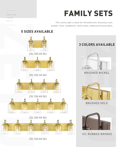 Image of zeyu Bathroom Vanity Light Fixtures, 2-Light Wall Sconce for Bathroom Above Mirror, Gold Vanity Light with Clear Glass Shade, ZSL72B-2W BG