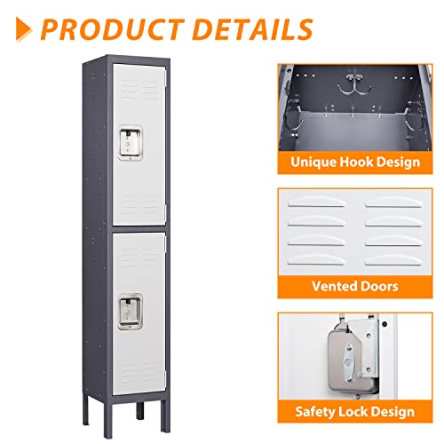 Image of Metal Storage Locker, Lockable Employees Metal Locker with 2 Doors, 65.98 inch Height Steel Locker for Home, Dressing Room, Office, Gym (Grey White)