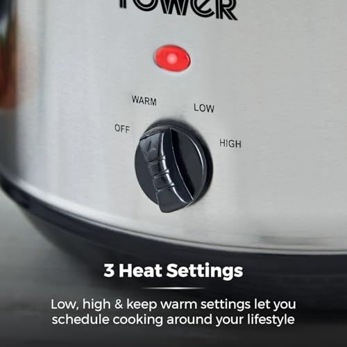 Tower T16039 Slow Cooker With 3 Heat Settings And Removable Dishwasher Safe Pot, 3.5 Litre, Stainless Steel - 5