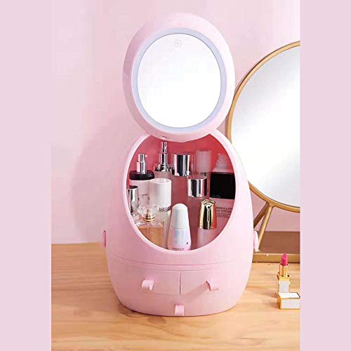Image of PYU ENJOY SHOPPING Cosmetic Storage Box with Mirror and 360 Rotating Cover, Inside, Outside, White & Pink