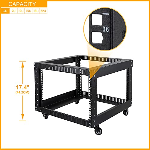Riveco 6U Open Frame Server Rack With Wheels- Heavy Duty 4 Post Quick Assembly 19-Inch Support 600Kg Equipment Home Network Cabinet Black #TOP5