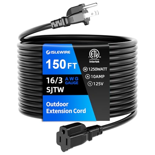 islewire 150 FT Outdoor Extension Cord Waterproof Black 3-Prong Power Cord 16 AWG SJTW 10A 1250W Grounded General Purpose Long Extension Cord for Lawn & Garden