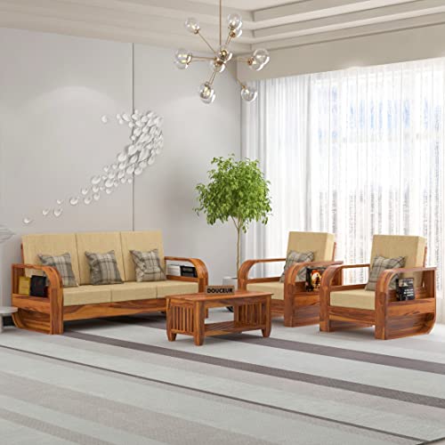 Image of Douceur Furnitures Solid Sheesham Wood 5 Seater Sofa | Five Seater Sofa Set with Coffee Table for Living Room, Cafe, Office | (Honey Teak Cushion Beige)