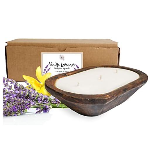 Aira Dough Bowl Candle - Organic, Kosher, Vegan, Hand Carved Wood Bowl Candle w/ Aromatherapy Essential Oils - Hand-Poured 100% Soy Candle Wax - Paraffin Free, Long Lasting - Vanilla Lavender - 13 Oz