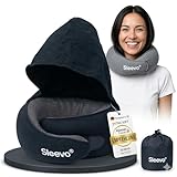 Sleevo Pro Nackenkissen Flugzeug mit Kapuze & Memory Foam – Nackenhörnchen & Schlafkissen & Reise – Ergonomisches Reisekissen, Sichtschutz & Waschbar inkl. Tasche – Schwarz (M)