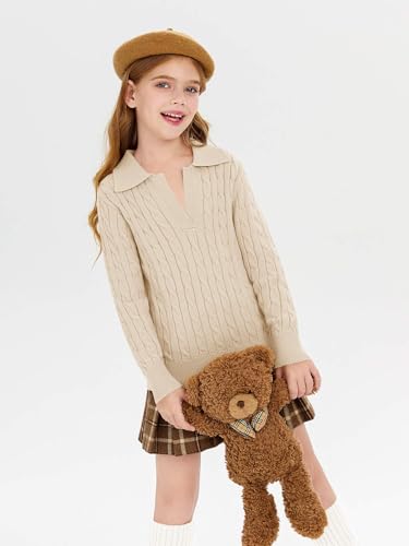 Image of Girls Sweaters Kids Fashion Cable Knit Collared V Neck Pullover Sweater Tops 5-14 Years Khaki