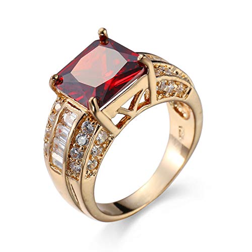 18K Yellow Gold Plated Silver Red Created Ruby Halo Ring For Women Fashion Cushion Cut Luxury Engagement Wedding CZ Ring Birthday Jewelry Gifts