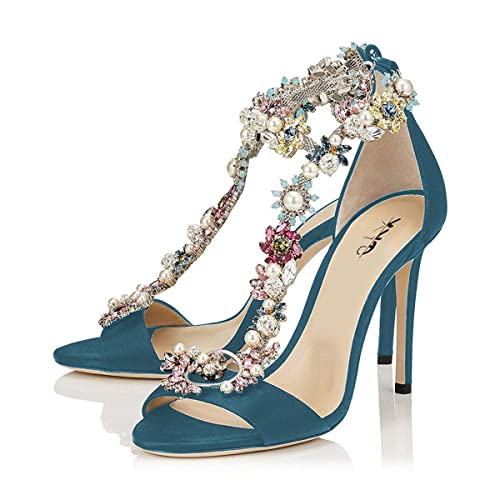 XYD Women T-Strap Bejeweled Crystal Sandals Open Toe Evening High Heels Stilettos Rhinestones Pumps Shoes