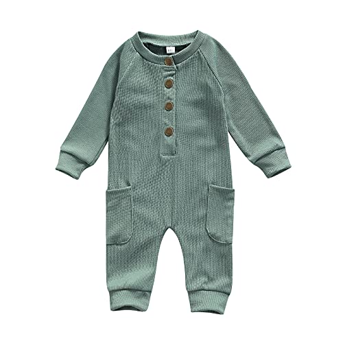 Newborn Baby Girl Boy Clothes Casual Jumpsuit Unisex Infant Solid Color Long Sleeve Onesies Romper with Pockets (Dark Green, 6-9 Months)