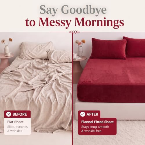 Image of BSB HOME 280 GSM Warm Plush Fitted Bedsheet, Soft Cozy Stretchable Mattress Sheet with Elastic Fitted Corners, Comfortable Winter Bedding for Double Bed, 72 x 78 + 8 Inches(183x198+20 cm) - Wine Red
