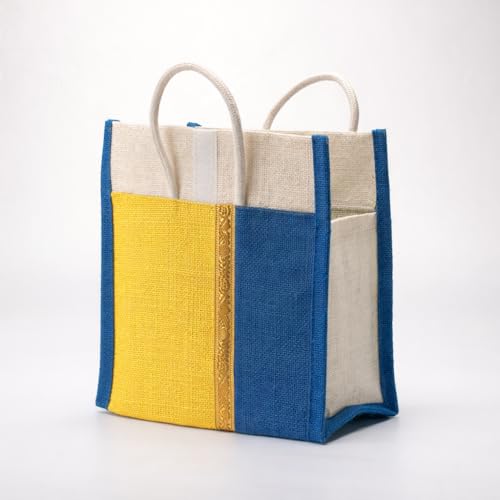 Image of Soman Jute Thamboolam Bags for Return Gifts Yellow and Royal Blue Combo - Pack of 10 bags