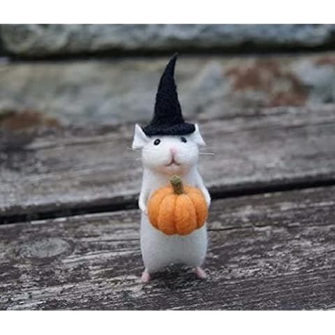 Halloween Mouse with A Pumpkin, Felt Pumpkins, Felted Wool Animals, Cute Handmade Needle Felted Mouse, Wool Felt Christmas Mouse DIY Hand Made Needle Felting Kit, Halloween Felt (A) Cover