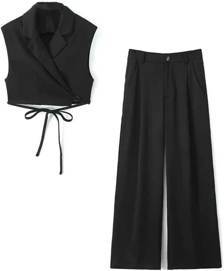 Women's Summer V-Neck Solid Color Lace Up Decoration Horse Clip Casual High Waist Pants Set