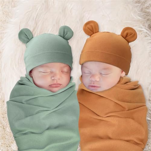 REWANGOING Newborn Boys Girls Swaddle Hospital Receiving Blankets with Bear Ear Beanie Matching Hat Set for 0-6 Mouths - Image 3