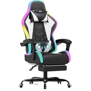 JUMMICO LED Gaming Chair with Massage Lumbar Support & Footrest, Ergonomic Reclining Gamer Chair for Adults, High Back PU Leather PC Chair with RGB Lights, White