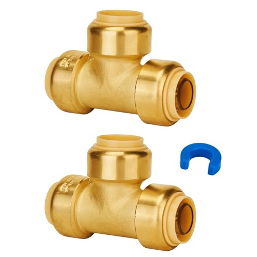 Image of SUNGATOR Tee Plumbing Pipe Connector, 3 /4-Inch Push Fit PEX Tee, 2-Pack | Brass, Push-to-Connect, for Pex Pipe, Copper, CPVC, PE-RT, with 1 Disconnect Clip