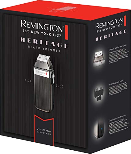Remington Barttrimmer Herren Heritage Retro Design (hochwertige Edelstahlklingen, USB-Ladefunktion, 8 Aufsteckkämme (1.5-15mm), Netz-/Akkubetrieb) Haarschneidemaschine, Bartschneider MB9100, Grau