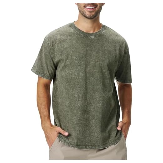 Danfiki T-shirt surdimensionné vintage délavé à manches courtes pour homme, vert militaire, L
