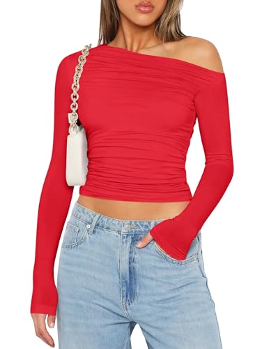 Image of Zeagoo Womens Long Sleeve Off The Shoulder Casual Crop Tops Boat Neck Going Out Slim Fit Sexy T Shirts 2026