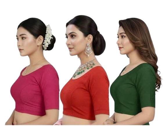 virupkesh Readymade Stretchable Combo Pack of 3 Round Neck Half Sleeve Solid Blouse for Women Pink Green Red-picture-13