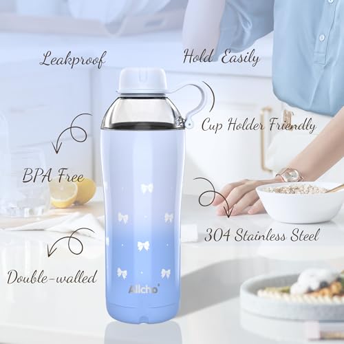 Image of Bow Insulated Water Bottle for Women, 18 oz Stainless Steel Water Bottles, Double Walled, 2 Lids (Chug & Tumbler) - Hydrate & Caffeinate, Available Gift Wrapping