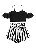 DIDK Damen Shorts und Top Sets 2 Piece Bauchfrei Tops Cold Scholder Trägershirt Kurze Hose Kombi 2-Teiler Sommer-Outfit Gestreift Schwarz M