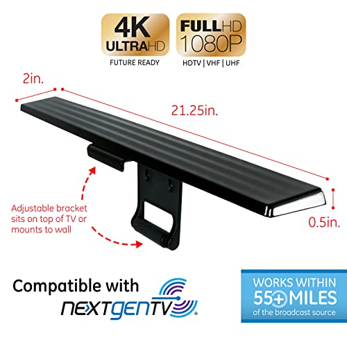 Ge Amplified Hd Digital Tv Antenna, Long Range Smart Tv Antenna, Easy Mount On Top Of Tv Design, Supports 4K 1080P Hdtv Vhf Uhf, Indoor Amplified Signal Booster, 5Ft Coax Hdtv Cable/Ac Adapter, 37075 #TOP1