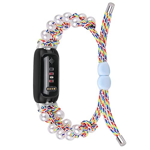 FitTurn 2pack Bands Compatible with Fitbit Inspire 3 Health & Fitness Tracker, Replacement Pearl Rope Adjustable Bracelet Braided Nylon Friendship Strap Accessories Bands Men Women Gift (Blue,Rainbow)