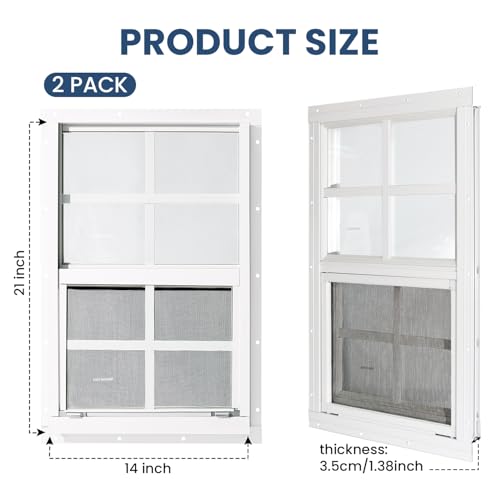 COLORPAPA 2 Pack Shed Windows,14\" x 21\" Small Sliding Windows,Flush Mount Windows with Tempered Glass and Fiberglass Screen for Shed, Chicken Coop, Playhouse, Household, Garage, Barns (White) - Thumbnail 3
