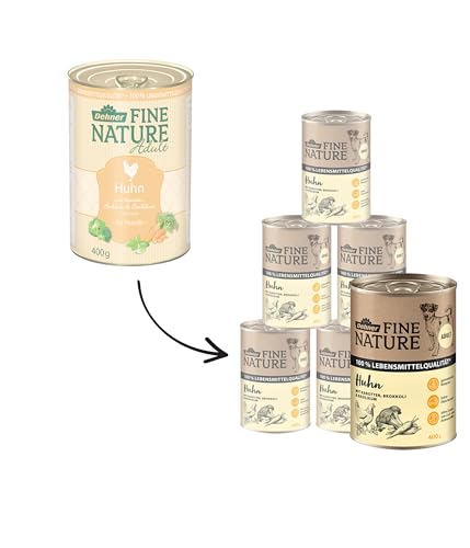 Dehner Fine Nature Hundefutter, Nassfutter in Lebensmittelqualität, für ausgewachsene Hunde, Huhn, 6 x 400 g Dose (2.4 kg)