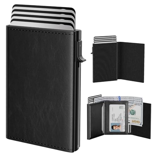 typecase Mens Wallet Card Holder: Pop Up Aluminum Case, Premium Genuine Leather, Smart, RFID Blocking, Slim, Minimalist, Front Pocket - 9-14 Card Capacity | ID Window | Cash Slot - Dark Black