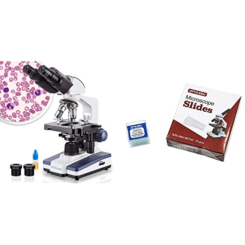 AmScope B120C Siedentopf Binocular Compound Microscope & OPTO-EDU E35.3501 Blank Microscope Slides & 100-Pieces Square Cover Glass, Glass