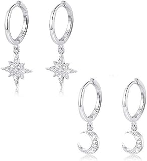 Milacolato 2 Pairs 925 Sterling Silver Moon Star Dangle Hoop Earring CZ Drop Huggie Cartilage Cute Earring Set for Women