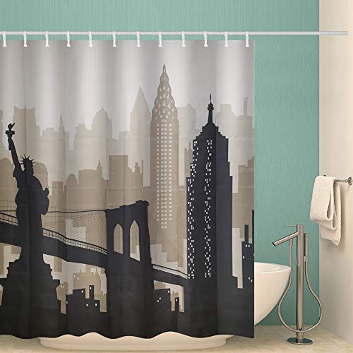 72 x 72 inches Fabric Shower Curtain with Hooks New York Cityscape Statue of Liberty Empire State Building Manhattan Bridge Williamsburg and Brooklyn Bridge Bathroom Decor Waterproof Machine Washable