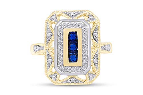 14K Yellow Gold Over Sterling Silver Simulated Blue Sapphire & Diamond Accent Art Deco-Style Ring (1/10 cttw, I-J Color, I3 Clarity) Ring Size-6