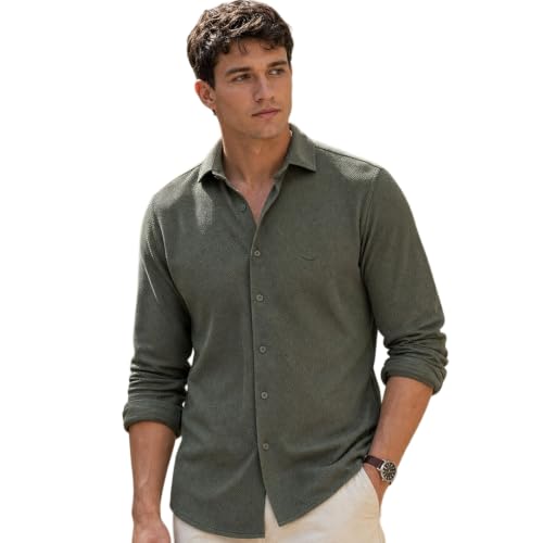 Image of Nobero Textured Popcorn Shirt for Men | Cotton Shirts for Men in 280 GSM Popcorn Knit | Stand Collar | Regular Fit | Full Sleeve
