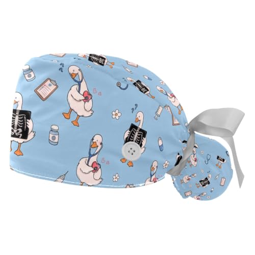 Image of 2 PCS Bouffant Cap with Button Ponytail Pouch Working Cap Sweatband Adjustable Surgical Cap Black and White Cow