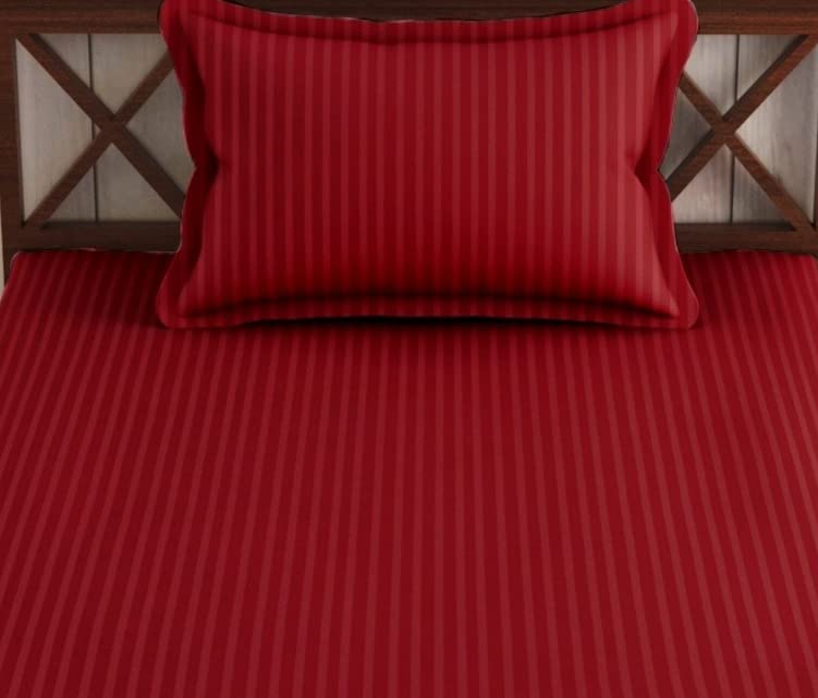 Image of Trance Home Linen 100% Cotton 80x38 inch 200TC Satin Stripe Elastic Fitted Bedsheet | College /Hostel Use Fitted Bedspread with 1 Pillow Cover (80 inchx38 inch | 6.6x3.1 feet, Maroon)