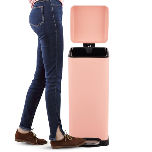 Image of happimess Betty 8 Gal Step Trash Can Soft-Close Lid, Flamingo Pink | Removable Liner, Semi-Rectangular, Steel Pedal, Iron Powder Coated, 27 inch Height, Non-Skid Base
