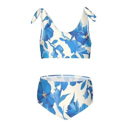 Blue Flower Girls' 2 Piece Kids Bikini Set Quick-Dry Swimsuits Swimwear Adjustable Shoulder Strap