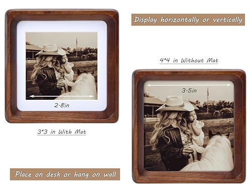 Image of Square 4x4 Picture Frame with Mat for 3x3, USA-Sourced Natural Walnut Wood Handcrafted Rounded Corner with Real Glass, Vertical or Horizontal Display Photo Gallery Wall & Tabletop Frame