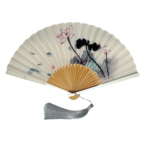 FANSOF.FANS Vintage Artwork Printed Premium Silk Fabric Handheld Folding Fan with Grade A Bamboo Ribs for Women Girls Event Birthday Wedding Favour with Tassel and Pouch (Crystal Pond)
